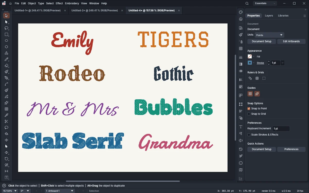 Names stitched in eight built-in embroidery fonts: script, varsity, western, gothic, wedding, bubble, slab and signature