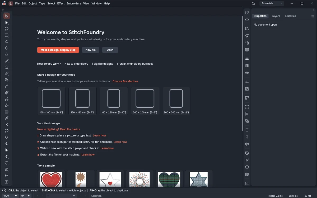 The StitchFoundry Home screen: start a design for your hoop, try a sample, follow the first steps