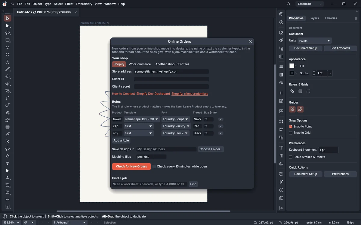 The Online Orders window with a Shopify store and rules for towels, caps and everything else